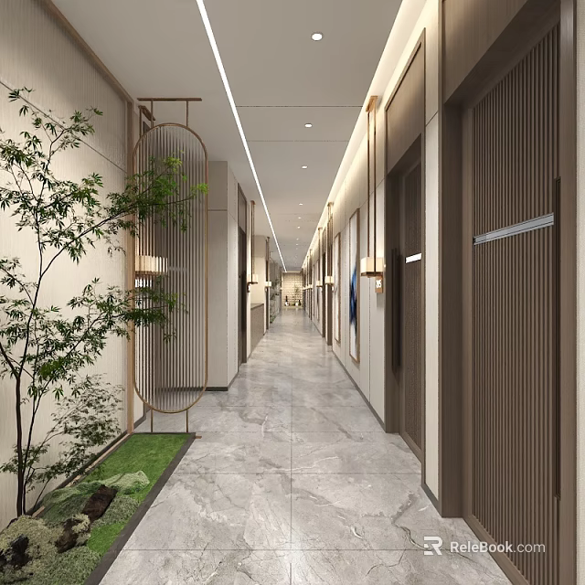 Modern Hotel Corridor Interior Design With Marble Floor Wooden Doors Green Plants And Soft Lighting 3d model 