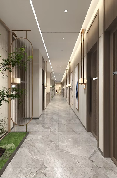 Modern Hotel Corridor Interior Design With Marble Floor Wooden Doors Green Plants And Soft Lighting 3d model