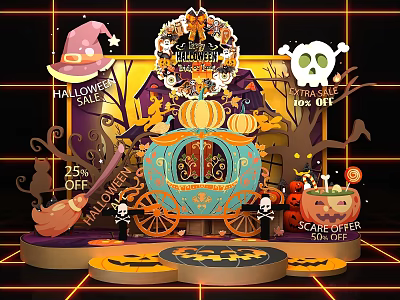 Halloween Sale Scene Featuring Pumpkin Carriage Skeleton Witch Hat And Scare Offers 3d model