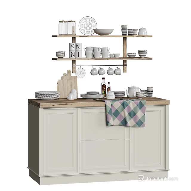 White Kitchen Cabinets Featuring Wooden Countertop And Shelves With Dinnerware And Kitchen Items 3d model 