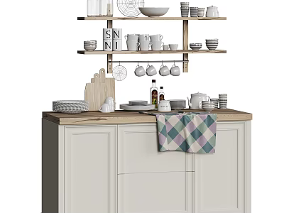White Kitchen Cabinets Featuring Wooden Countertop And Shelves With Dinnerware And Kitchen Items 3d model