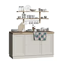 White Kitchen Cabinets Featuring Wooden Countertop And Shelves With Dinnerware And Kitchen Items