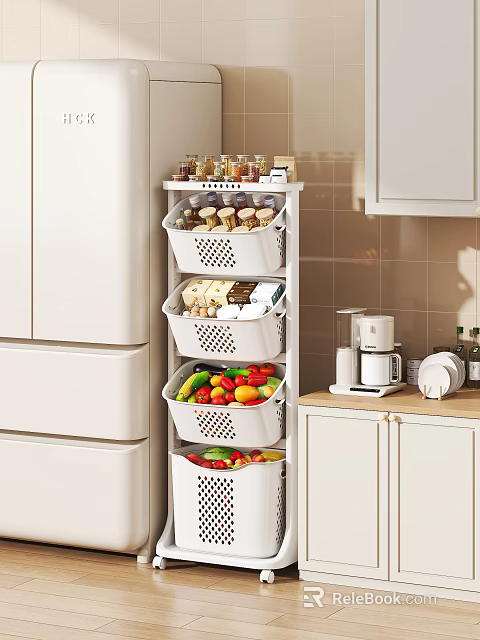 Multi tier Kitchen Storage Shelf With Baskets For Vegetables Fruits And Jars 3d model 