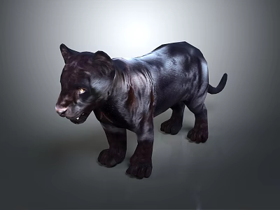 Striking Black Panther Standing With Shiny Black Fur On Gray Studio Background 3d model
