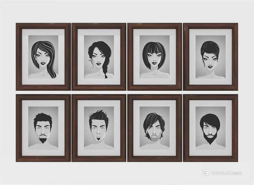 Eight Framed Black And White Portrait Paintings Featuring Male And Female Figures 3d model 