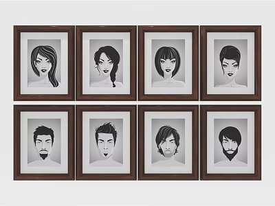 Eight Framed Black And White Portrait Paintings Featuring Male And Female Figures 3d model