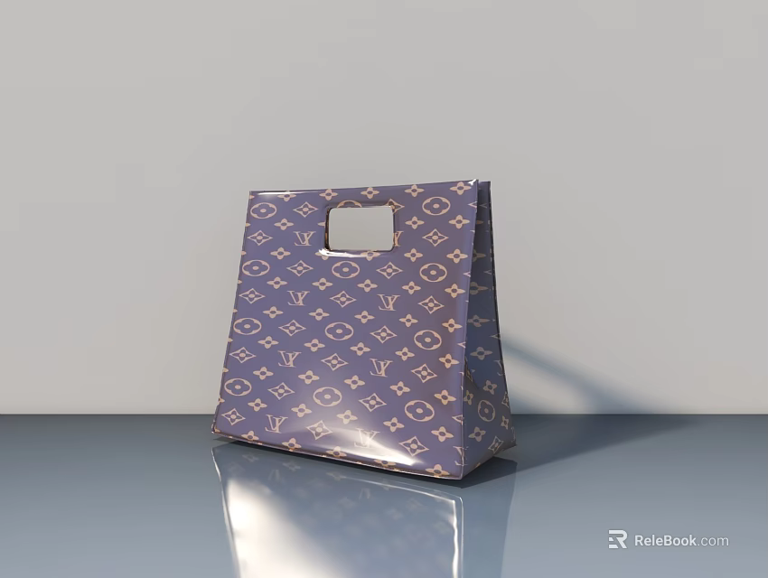 Purple Patterned Handbag With White Square Handle On Smooth Gray Surface 3d model 