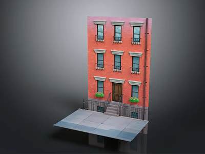 Cartoon Style Red Multi Story Building With Windows Door Steps And Flower Pots 3d model