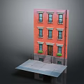Cartoon Style Red Multi Story Building With Windows Door Steps And Flower Pots