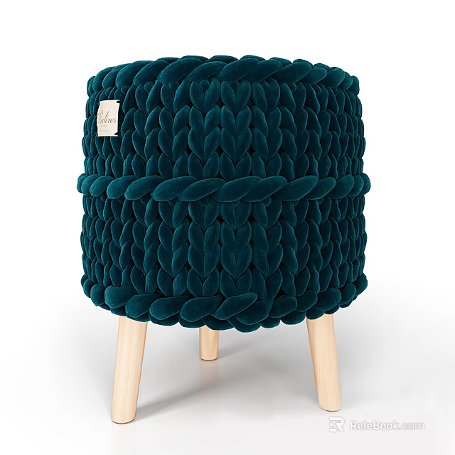 Dark Green Knitted Velvet Sofa Stool With Wooden Legs And Braided Design 3d model 