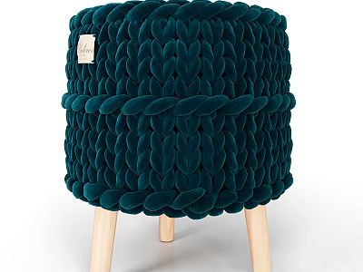Dark Green Knitted Velvet Sofa Stool With Wooden Legs And Braided Design 3d model