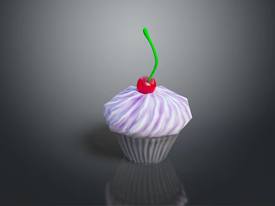 Delicious Cupcake With Purple Swirled Frosting And Red Cherry On Dark Surface 3d model