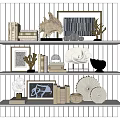 Decorative Ornaments Set on White Shelves with Books Frames Gold Coral Shells and Modern Home Decor