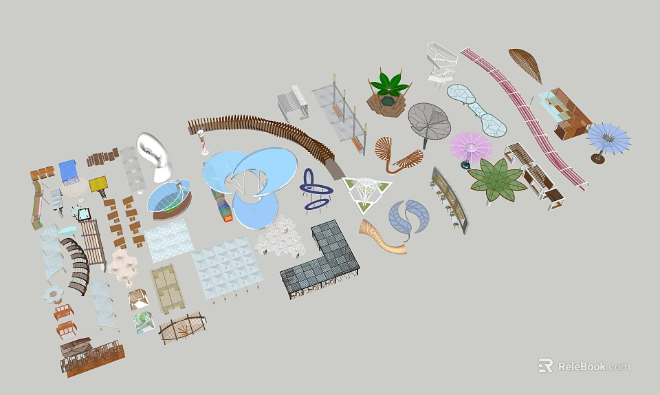 Diverse Outdoor Landscape Design Elements With Plants Seats Paths And Structures 3d model