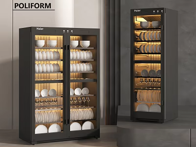 Modern Public Facility Storage Cabinets With Plates Bowls Wine Glasses And Illumination 3d model