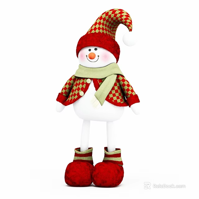 Cute Snowman Sculpture with Red Gold Checkered Hat Scarf White Body and Red Boots 3d model 