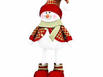 Cute Snowman Sculpture with Red Gold Checkered Hat Scarf White Body and Red Boots 3d model