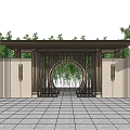 Modern Entrance Gate Design Featuring Roofed Porch Lattice Panels Circular Arch And Green Trees