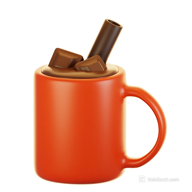 Warm Hot Chocolate Drink In Orange Mug With Chocolate Chunks And Stick 3d model 