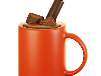 Warm Hot Chocolate Drink In Orange Mug With Chocolate Chunks And Stick 3d model