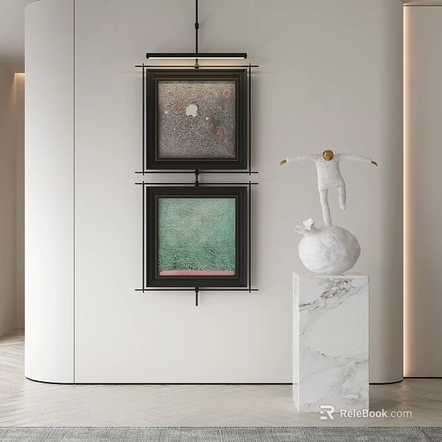 Modern Art Display With Two Framed Paintings And White Sculpture On Marble Base 3d model 