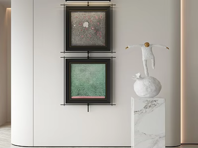 Modern Art Display With Two Framed Paintings And White Sculpture On Marble Base 3d model