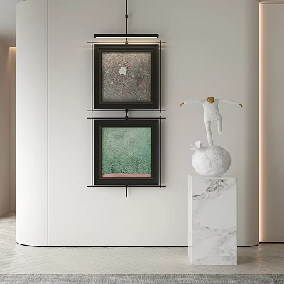 Modern Art Display With Two Framed Paintings And White Sculpture On Marble Base 3d model