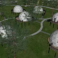 Geodesic Domes in Wooded Area with Elevated Platforms and Surrounding Trees 3d model