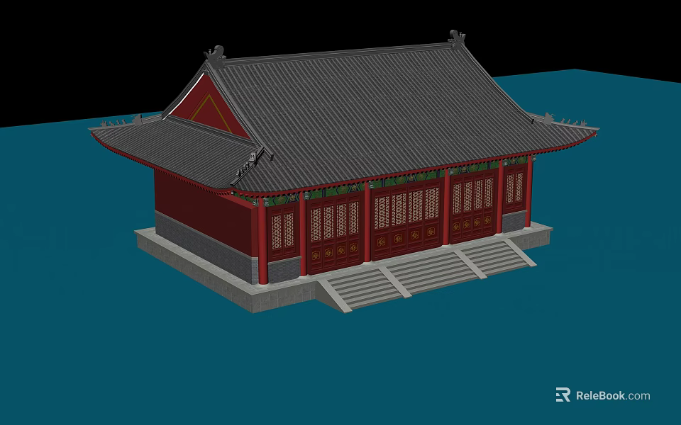 Traditional Ancient Chinese Architecture Featuring Red Walls Grey Tiled Roof Stone Steps And Carved Windows 3d model 