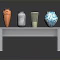 White Long Table with Four Decorative Vases in Orange Silver Green and Blue White Patterns