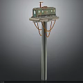 Miniature Train Model On Pole Mounted Platform With Orange Ropes And Colorful Design