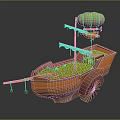 Wooden Boat with Orange Hull White Awning Green Hot Air Balloon and Wooden Wheels