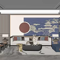 New Chinese Style Living Room Sofa Coffee Table Combination Multi-person Sofa Leisure Chair Curtain Sofa Stool Background Wall 3d model