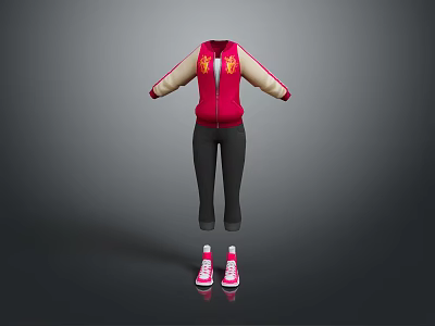 Stylish Casual Outfit Red Jacket With Beige Sleeves Black Pants And Pink Sneakers 3d model