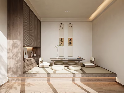 Traditional Tea Room With Natural Light Tatami Seating Wooden Cabinetry And Calligraphy Art 3d model