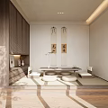 Traditional Tea Room With Natural Light Tatami Seating Wooden Cabinetry And Calligraphy Art