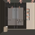 Modern Bathroom Interior With Glass Door Stacked Washer Dryer Mirror And Vanity Lighting