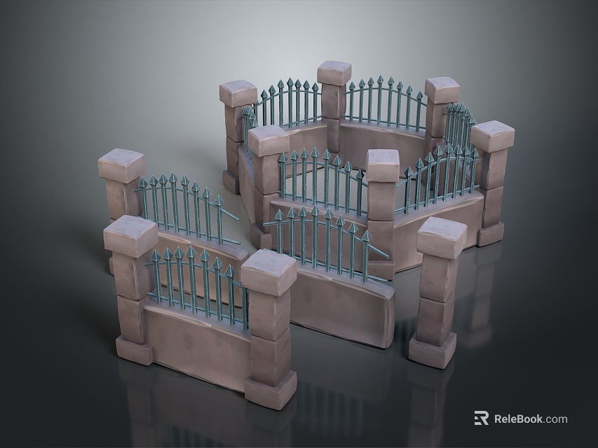 Scenic Garden Landscape With Stone Fence And Metal Railings Design 3d model 