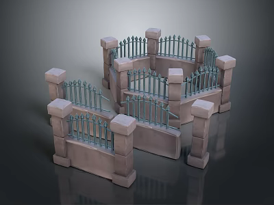 Scenic Garden Landscape With Stone Fence And Metal Railings Design 3d model