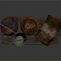Rusty Oil Barrels And Metal Bucket As Improvised Weapon Display On Wooden Plank