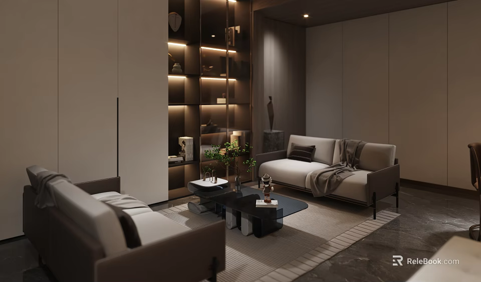 Modern Basement Living Area With Cozy Sofa Coffee Table And Decorative Shelves 3d model 