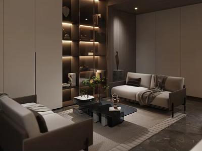 Modern Basement Living Area With Cozy Sofa Coffee Table And Decorative Shelves 3d model