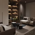 Modern Basement Living Area With Cozy Sofa Coffee Table And Decorative Shelves