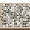 Modern Lighted Square Tile Background Wall With Wooden Accents And Potted Plant