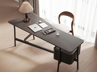 Elegant Modern Desk Interior With Table Lamp Laptop Notebook Pen Glass And Wooden Chair 3d model