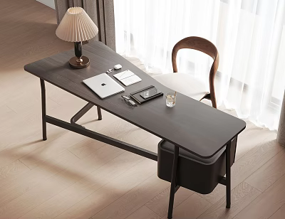 Elegant Modern Desk Interior With Table Lamp Laptop Notebook Pen Glass And Wooden Chair 3d model