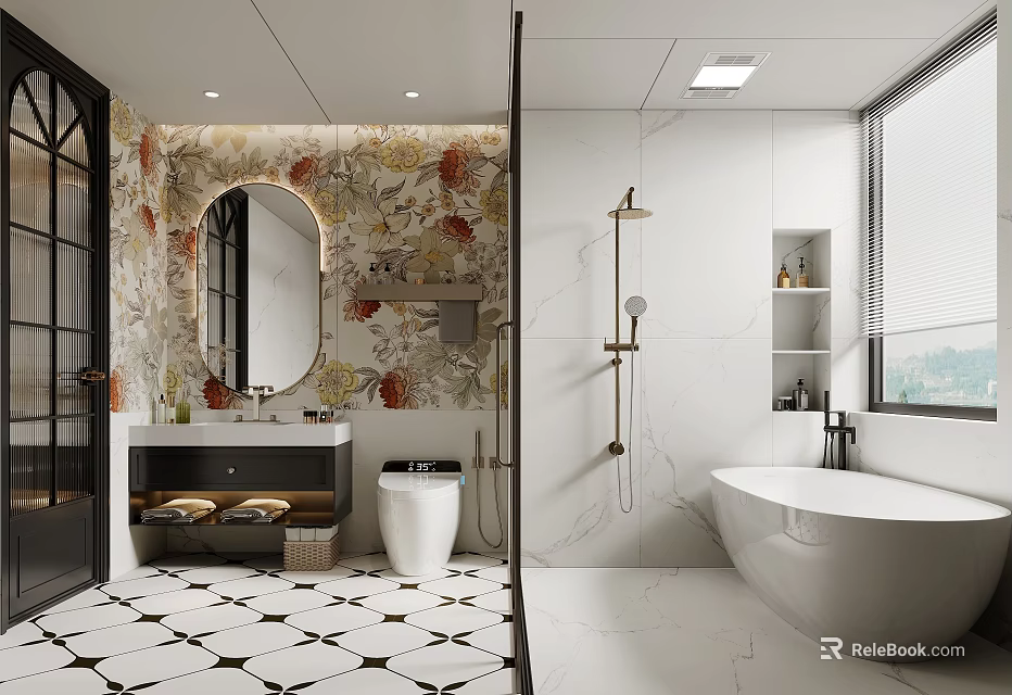 Modern Bathroom Interior Design With Freestanding Bathtub Toilet Vanity And Decorative Wall Mirror 3d model 