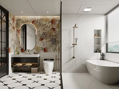 Modern Bathroom Interior Design With Freestanding Bathtub Toilet Vanity And Decorative Wall Mirror 3d model
