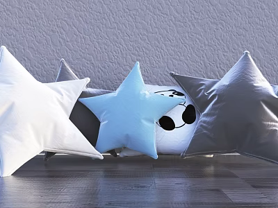 Star Shaped Pillows in White Light Blue Gray Against Gray Wall and Wooden Floor 3d model