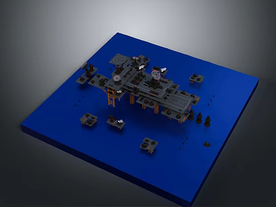 Maritime Platform Model With Blue Base Support Pillars Deck Structures And Small Figures 3d model